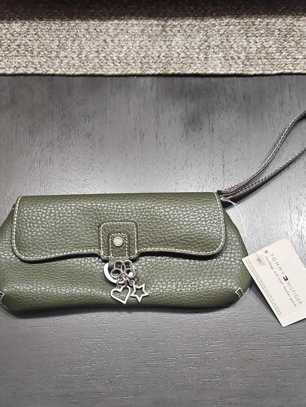 Tommy Hilfiger Olive Green Pebbled Leather Wristlet